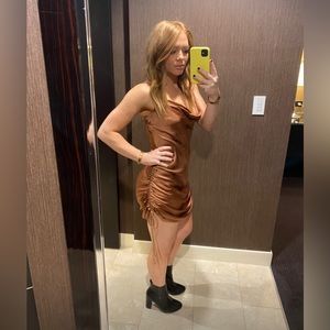 WILFRED only ruched slip dress, size small, terrazzo brown